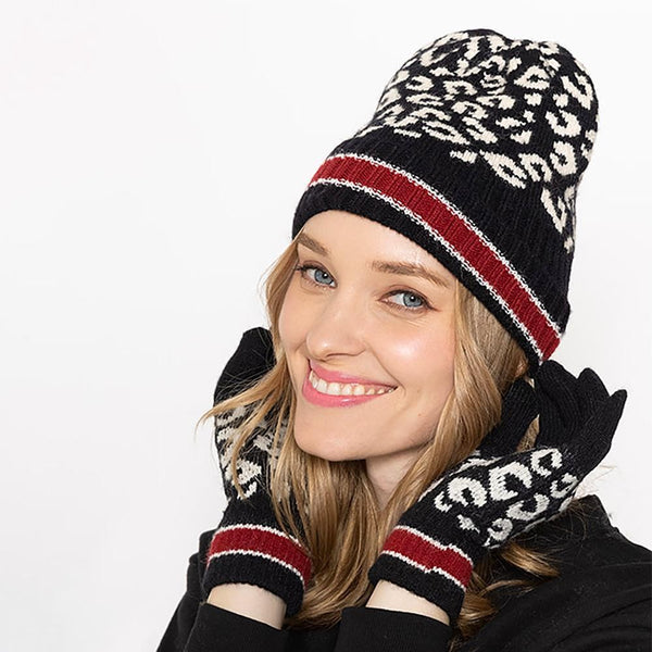 Leopard Print Knit Beanie With Stripe