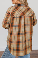 Brown Plaid Button Up Shirt Jacket-Curvy