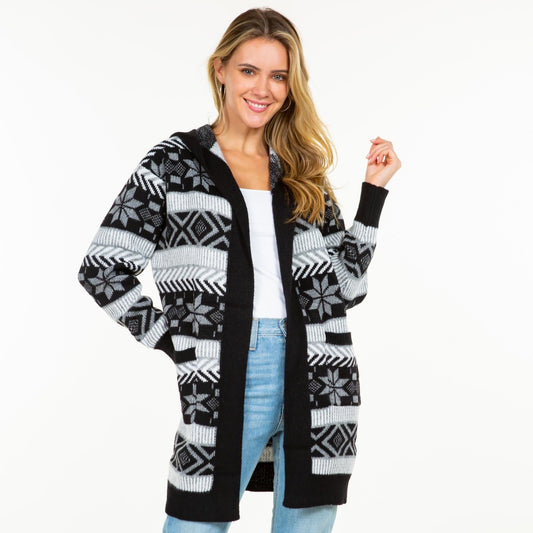 Hooded Knit Abstract and Nordic Snowflake Printed Open Hooded Cardigan