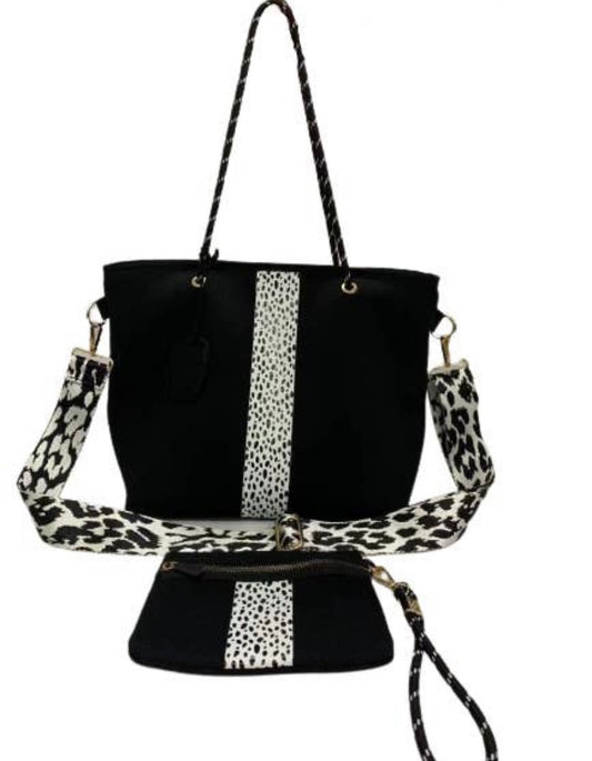 Black Leopard Print Striped Neoprene Tote W/ Wristlet