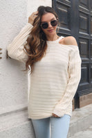 Ribbed Cold Shoulder Round Neck Pullover Sweater