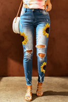 Sunflower Print Ripped Skinny Jeans