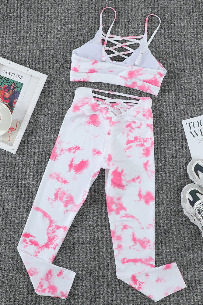 Tie-dye Crisscross Sports Bra Activewear Set-Pink or Gray