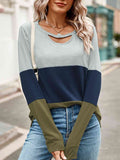 Color Block Cutout Round Neck Long Sleeve T-Shirt