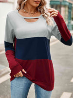 Color Block Cutout Round Neck Long Sleeve T-Shirt