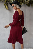 Square Neck Ruffle Hem Long Bubble Sleeve Midi Dress