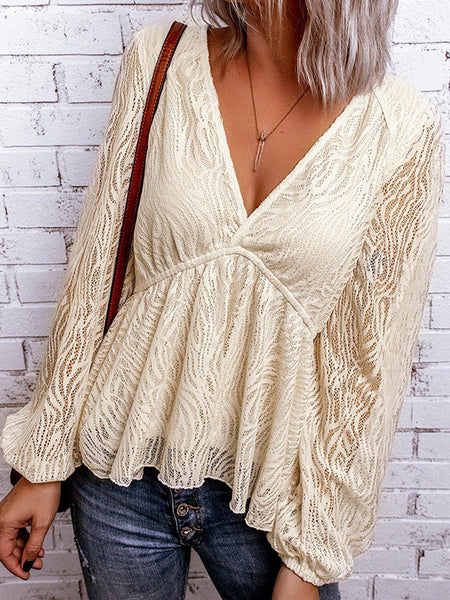 Apricot Lace V Neck Bubble Sleeves Flowy Blouse