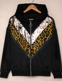 Chevron Sequin Leopard Patchwork Zip up Jacket