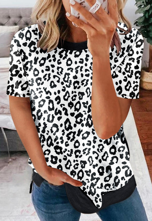 Whitney’s White Crew Neck Leopard Side Split Tee