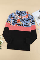 Plus Size Floral Color Block Quarter Zip Pullover