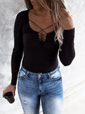 Black Ribbed Lace up Slim Fit Knit Long Sleeve Top