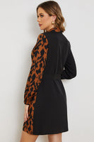 Leopard Color Block Belted Shawl Collar Dress