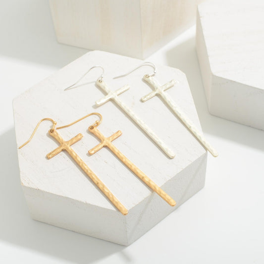 Long Textured Cross Earrings