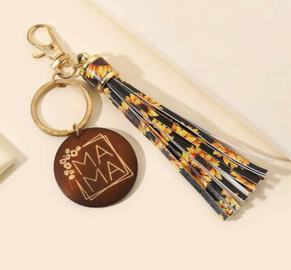 Mama Sunflower/Cow Print Tassel Charm & Keychain