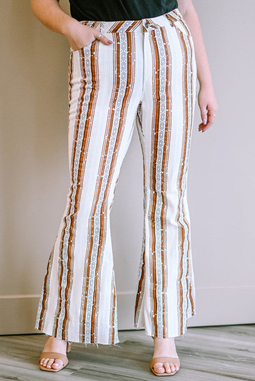 Striped High Waisted Bell Bottom Pants- Curvy