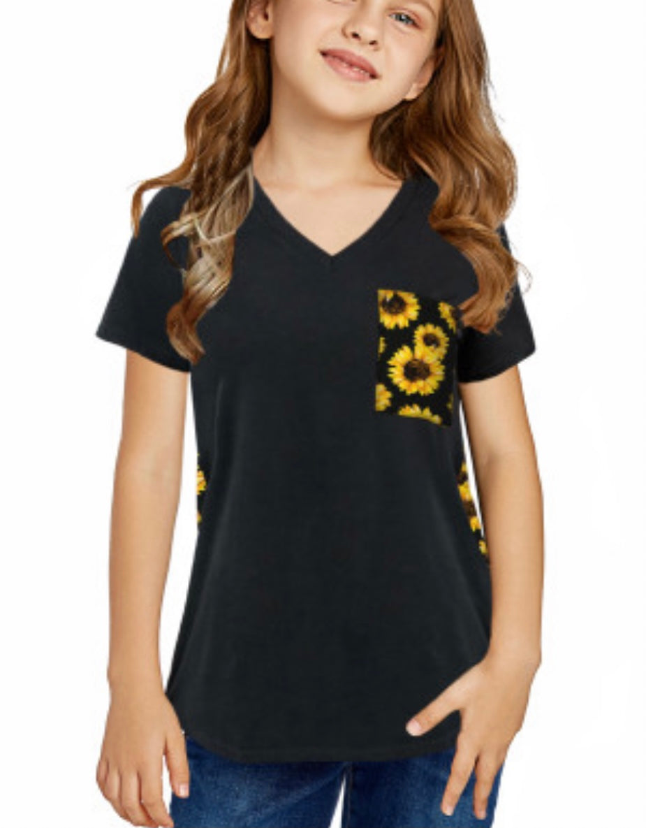 Black V Neck Sunflower Splicing Kid Tee