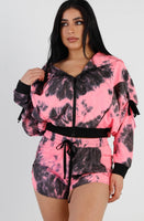 Pink & Black Tie-Dye Zip-Up Tie Sleeve Detail Hooded Crop Top & Short Set