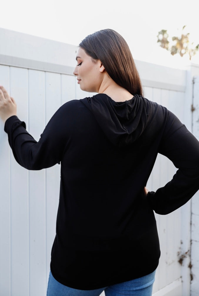 Becca’s Black Cut-Out Front Print Fishnet Lining Zip-Up Hooded Sweater