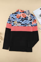 Plus Size Floral Color Block Quarter Zip Pullover