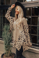 Khaki Leopard Print Oversized Sweater With Side Slits