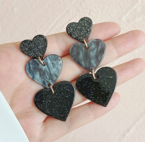 Black Glitter + Marble Hearts Dangle Drop Earrings
