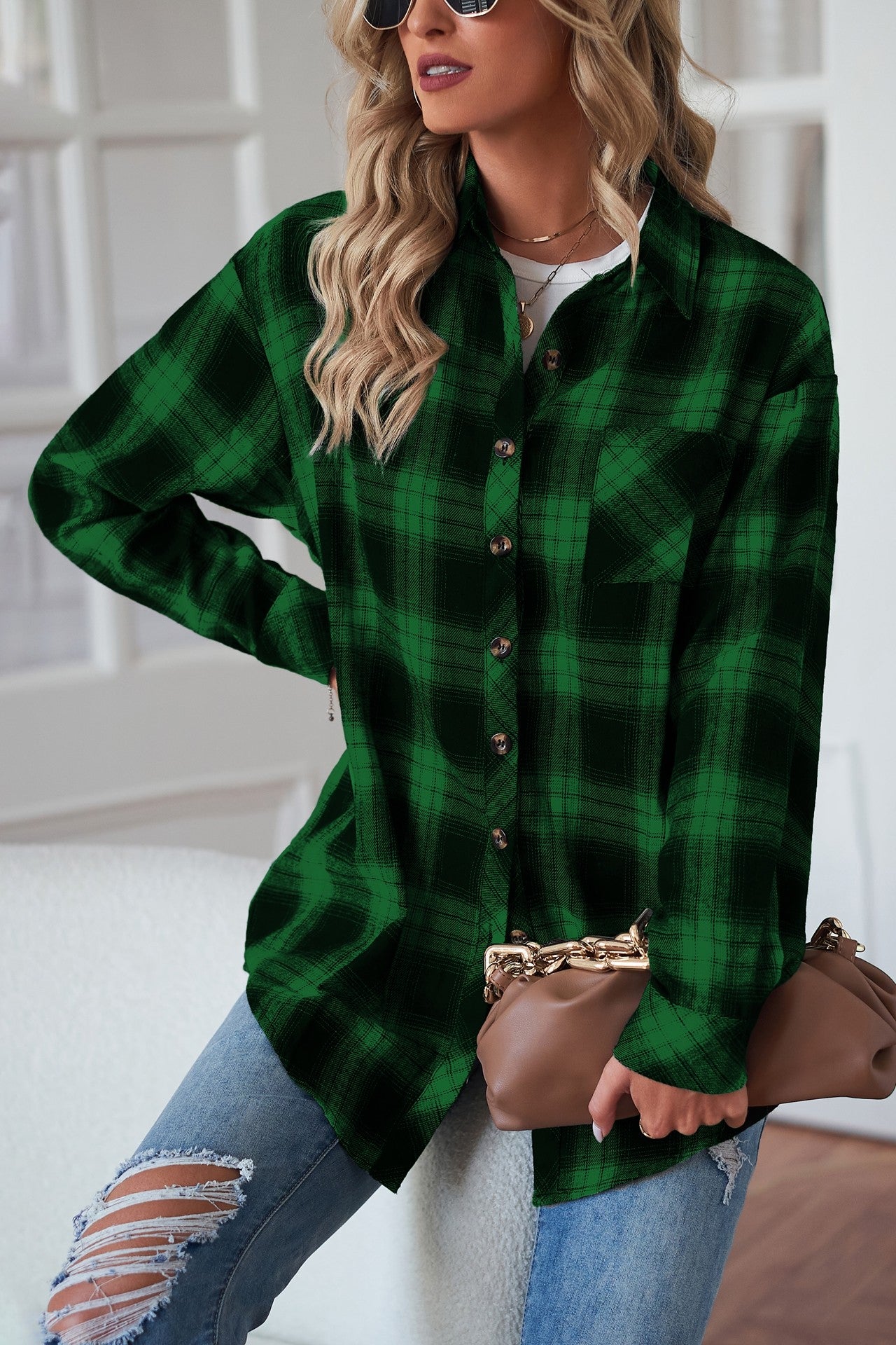 Plaid Curved Hem Longline Shirt