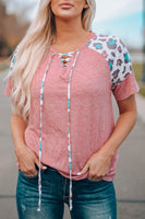 Pink Lace up Leopard Sleeve T Shirt