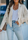 White Cropped Faux Suede Fringed Jacket