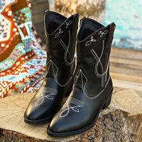 Embroidered Point Toe Block Heel Boots