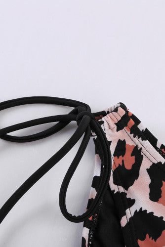 Leopard Colorblock Spaghetti Blouson Tankini Set