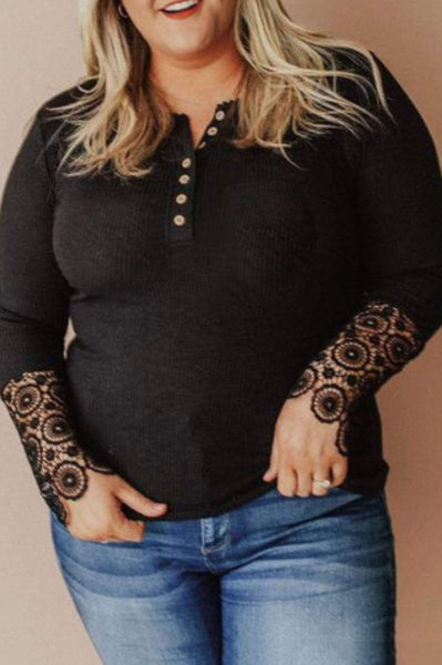 Lace Splicing Ribbed Long Sleeve- Curvy