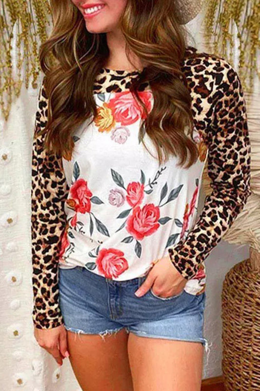 Leopard + Floral Print Patchwork Long Sleeve Top
