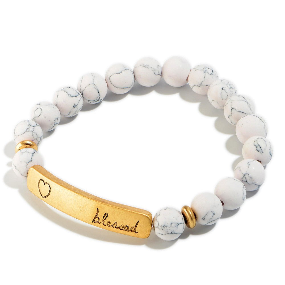 Natural Stone Beaded "Blessed" Stretch Bracelet-multiple colors