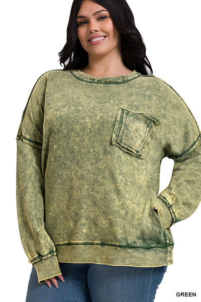 ZENANA ACID WASH PULLOVER W/ POCKETS-Curvy