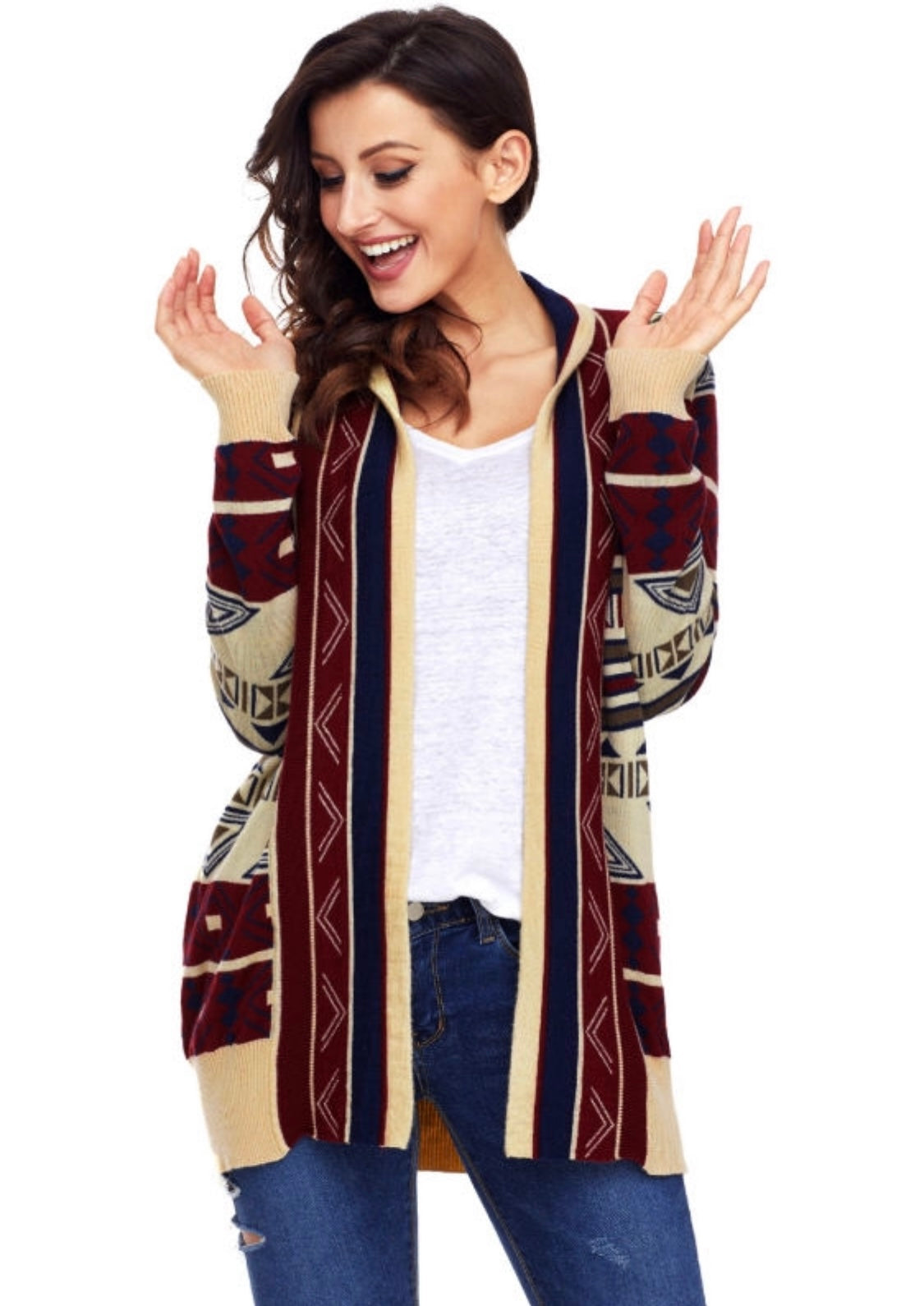 Multi Directional Aztec Print Open Front Cardigan