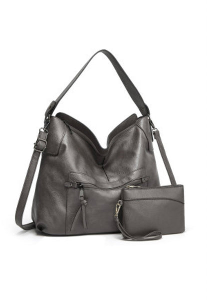 Gray Plain Faux Leather Tote Bag