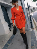 Belted Surplice Lantern Sleeve Wrap Sweater Dress