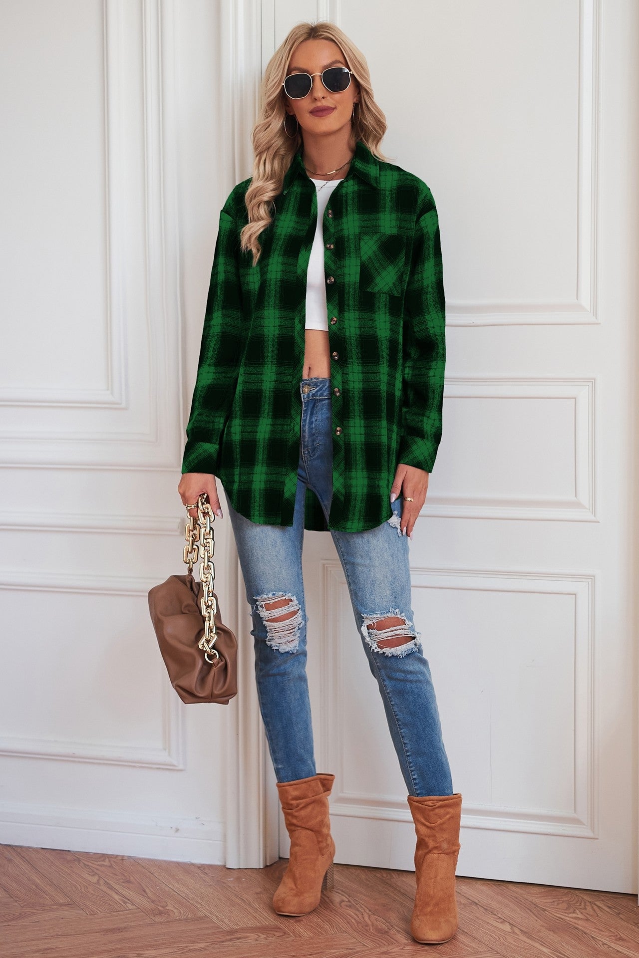 Plaid Curved Hem Longline Shirt