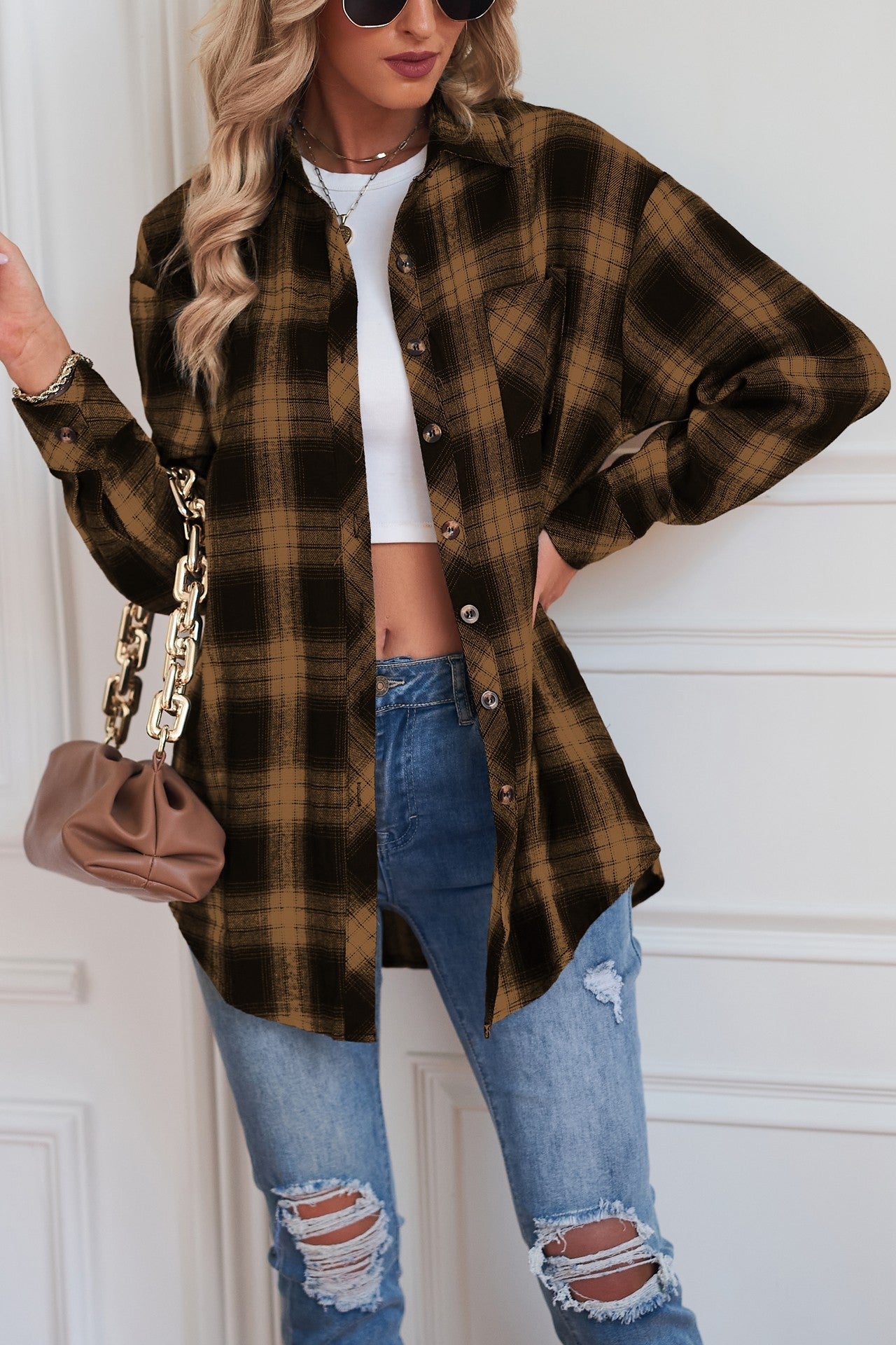 Plaid Curved Hem Longline Shirt