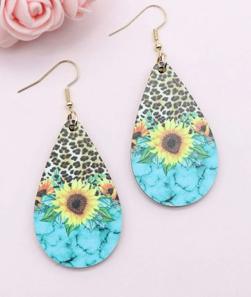 Turquoise Sunflower Leopard Print Earrings