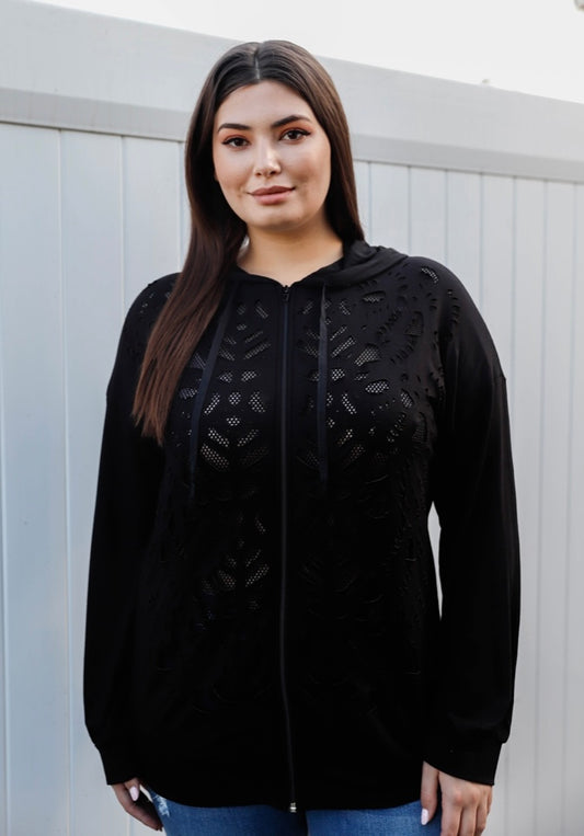 Becca’s Black Cut-Out Front Print Fishnet Lining Zip-Up Hooded Sweater