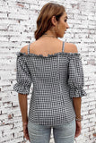 Plaid Buttoned Sweetheart Neck Cold-Shoulder Top