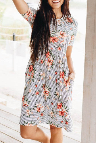 Striped Floral Dance Dress W/ Pockets