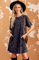 Leopard Round Neck Dropped Shoulder Dress with Pockets