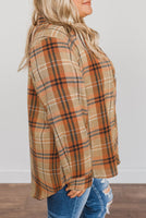 Brown Plaid Button Up Shirt Jacket-Curvy