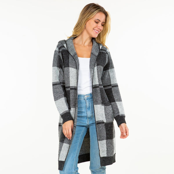 Knit Plaid Long Open Cardigan with Hood and Pockets