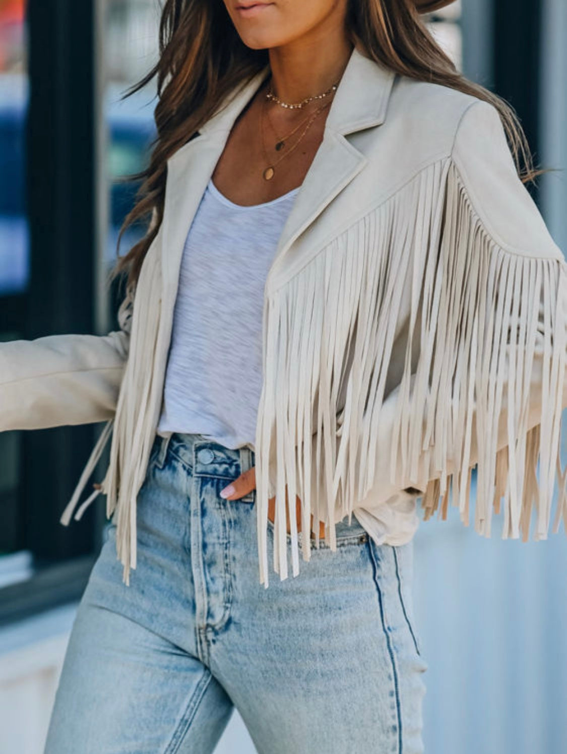 White Cropped Faux Suede Fringed Jacket