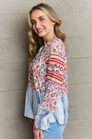 Floral Striped Flounce Sleeve Blouse