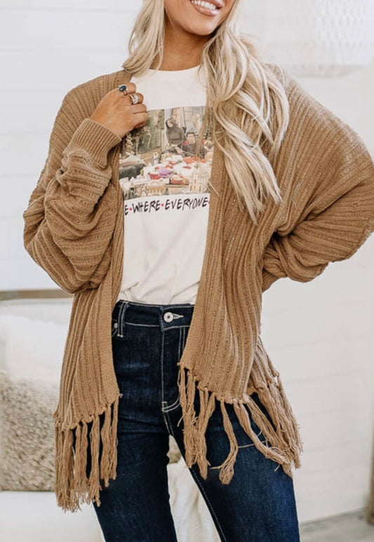 Khaki Open Front Fringed Cardigan