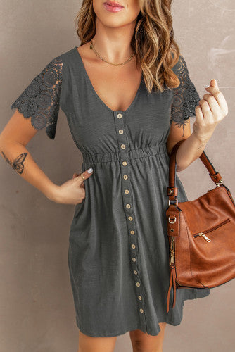 Grey Button Front Lace Sleeve Dress